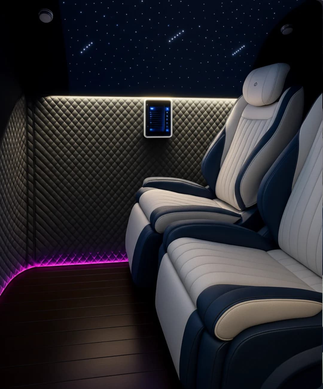 Apex Quad 5000 interior with starlight ceiling, quilted walls, and premium multi-person seating