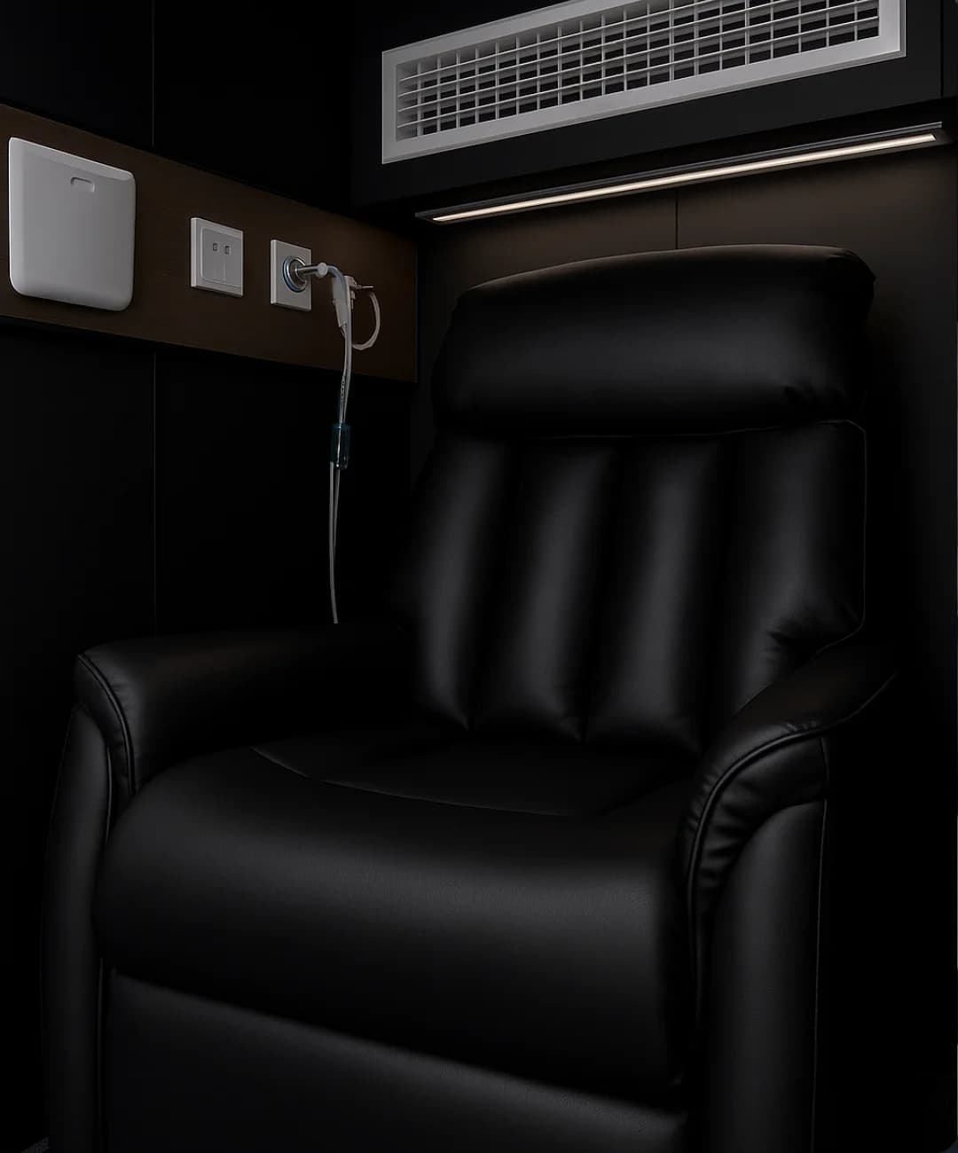 Apex Seat Deluxe interior with black leather recliner and integrated controls