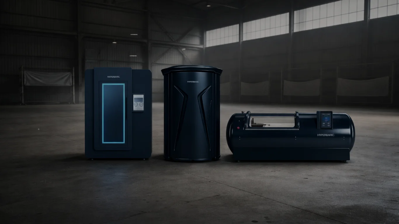 Full range of Hyperbaric hard-shell chambers displayed in a commercial setting