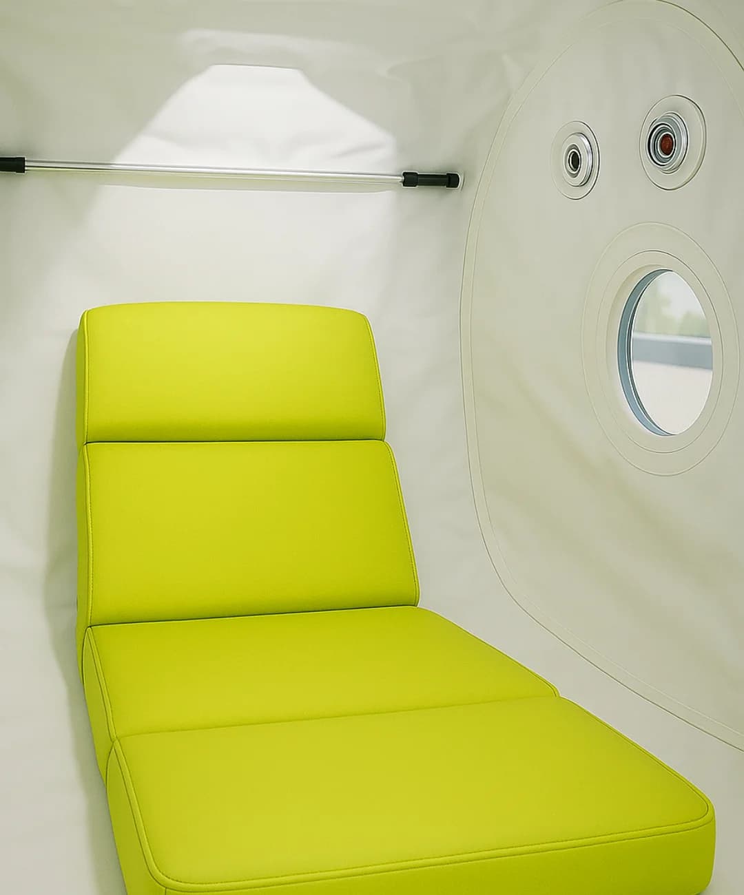 Inside the Flex 1700 showing the comfortable green cushion, porthole window, and valve ports